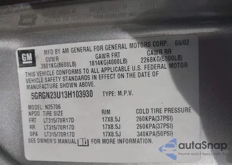 2003 Hummer H2 from USA, damaged, VIN 5GRGN23U13H103930